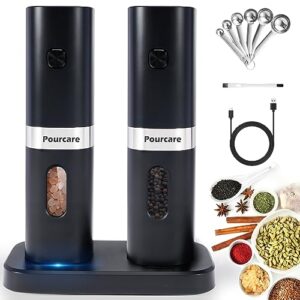 pourcare electric salt and pepper grinder mill set,adjustable coarseness one-hand automatic operation,charging base rechargeable battery powered with led light,stainless steel black 2 pack