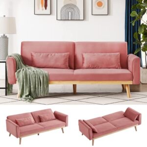 awqm velvet futon sofa bed, memory foam couch set, upholstered modern daybed convertible folding loveseat recliner with pillows and wooden frame for compact living room, apartment, dorm, office (pink)
