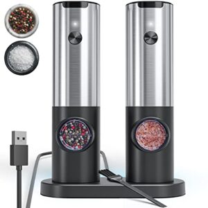 electric salt and pepper grinder set with rechargeable base, stainless steel salt and pepper grinders/mill with adjustable coarseness, refillable salt and pepper shakers with led light, a pair