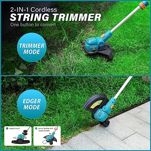 Berserker 20V 12" Cordless String Trimmer 2.0Ah Battery Powered and Fast Charger Included, 2-in-1 Compact Weed Wacker Eaters and Edger with Support Wheels，Ideal for Lawn Trim and Yard Maintenance