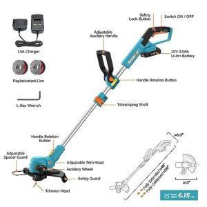 Berserker 20V 12" Cordless String Trimmer 2.0Ah Battery Powered and Fast Charger Included, 2-in-1 Compact Weed Wacker Eaters and Edger with Support Wheels，Ideal for Lawn Trim and Yard Maintenance