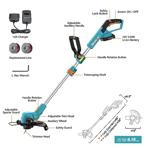 Berserker 20V 12" Cordless String Trimmer 2.0Ah Battery Powered and Fast Charger Included, 2-in-1 Compact Weed Wacker Eaters and Edger with Support Wheels，Ideal for Lawn Trim and Yard Maintenance