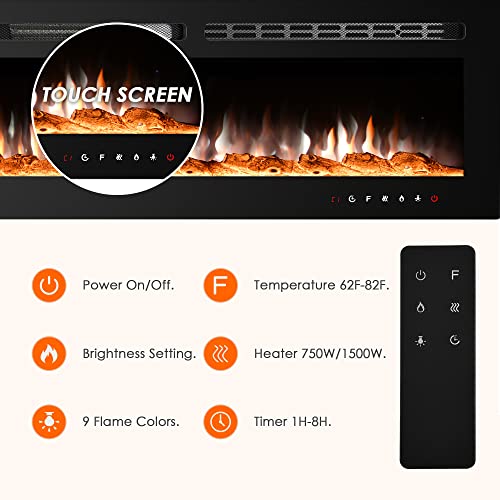 PAOLFOX 70 inch Electric Fireplace Insert,Electric Wall Mounted,Wall with Remote Control,Linear Fireplace,Led Fireplace,Electric Recessed,9 Flame Colors… Black