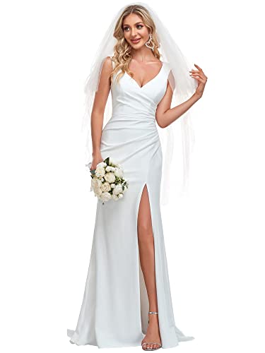 Ever-Pretty Women's Plus Size Ruched Sleeveless Thigh Slit Wedding Dresses for Bride White US24