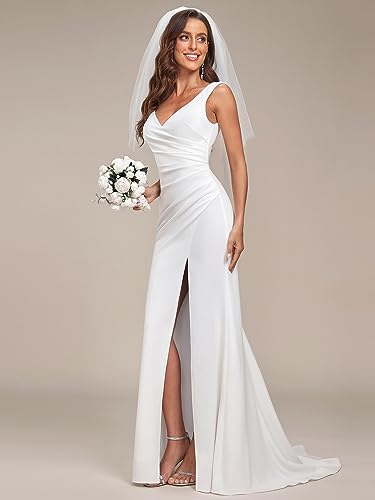 Ever-Pretty Women's Plus Size Ruched Sleeveless Thigh Slit Wedding Dresses for Bride White US24