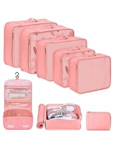 dimj packing cubes 8 set, travel organizer bags for luggage portable packing cubes for suitcases organizer bags set, luggage organizer for travel accessories. (pink)