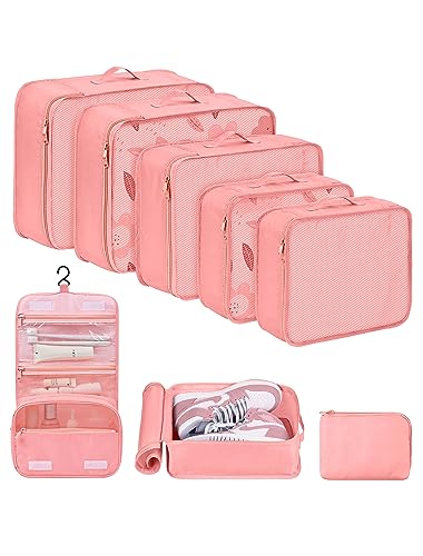 DIMJ Packing Cubes 8 Set, Travel Organizer Bags for Luggage Portable Packing Cubes for Suitcases Organizer Bags Set, Luggage Organizer for Travel Accessories. (Pink)