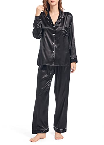 Fivali Womens Silk Satin Pajamas Long Sleeve Pj Set Two-piece Sleepwear Silky Button-down Nightwear Soft Loungewear Sets, XXL Black