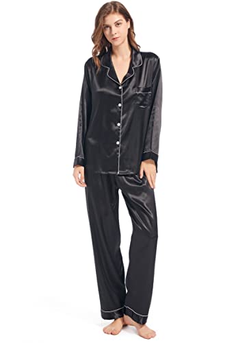 Fivali Womens Silk Satin Pajamas Long Sleeve Pj Set Two-piece Sleepwear Silky Button-down Nightwear Soft Loungewear Sets, XXL Black