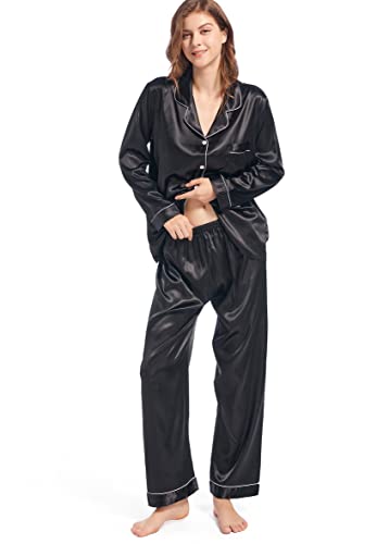 Fivali Womens Silk Satin Pajamas Long Sleeve Pj Set Two-piece Sleepwear Silky Button-down Nightwear Soft Loungewear Sets, XXL Black