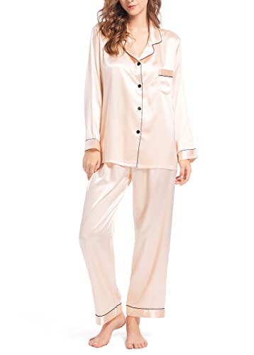 Fivali Womens Silk Satin Pajamas Long Sleeve Pj Set Two-piece Sleepwear Silky Button-down Nightwear Soft Loungewear Sets, L Champagne