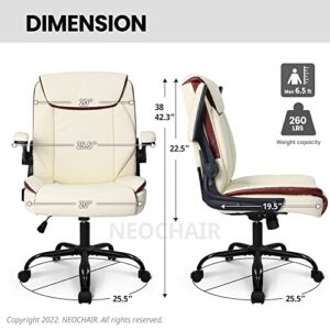 NEO CHAIR Office Chair Adjustable Desk Chair Mid Back Executive Desk Comfortable PU Leather Chair Ergonomic Gaming Chair Back Support Home Computer Desk with Flip-up Armrest Swivel Wheels (Ivory)