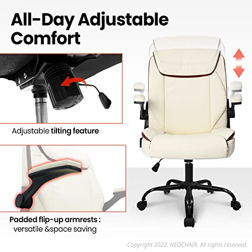 NEO CHAIR Office Chair Adjustable Desk Chair Mid Back Executive Desk Comfortable PU Leather Chair Ergonomic Gaming Chair Back Support Home Computer Desk with Flip-up Armrest Swivel Wheels (Ivory)