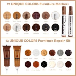 SEISSO Furniture Repair Kit, Wood Markers for Scratches, 12 Colors Furniture Touch-up Markers and Wood Fillers, New Upgrade Wood Repair Kit - Restore Wooden Table, Cabinet, Floors, Door