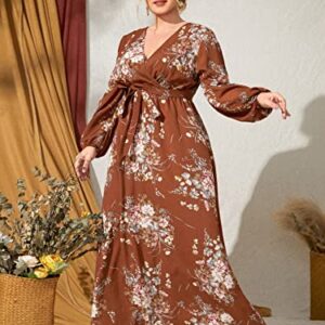 WDIRARA Women's Plus Size Floral Print V Neck Belted Bishop Long Sleeve Dress Brown 3XL