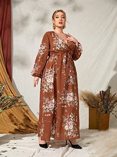 WDIRARA Women's Plus Size Floral Print V Neck Belted Bishop Long Sleeve Dress Brown 3XL