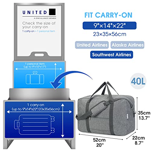 For United Airlines Foldable Carry on Bag 22x14x9 Travel Duffel Bag Packable luggage Duffle for Women and Men 40L (Grey (With Shoulder Strap))