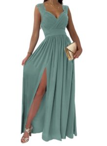 dokotoo womens ladies elegant floor length a line wrap deep v neck backless ruched pleated ruffled split long maxi formal evening party prom dress bridesmaid wedding guest dresses for women green l
