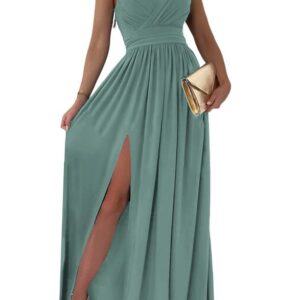 Dokotoo Womens Ladies Elegant Floor Length A Line Wrap Deep V Neck Backless Ruched Pleated Ruffled Split Long Maxi Formal Evening Party Prom Dress Bridesmaid Wedding Guest Dresses for Women Green L