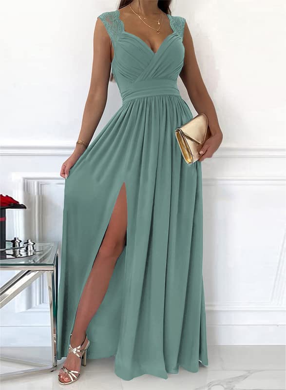 Dokotoo Womens Ladies Elegant Floor Length A Line Wrap Deep V Neck Backless Ruched Pleated Ruffled Split Long Maxi Formal Evening Party Prom Dress Bridesmaid Wedding Guest Dresses for Women Green L