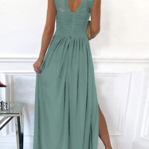 Dokotoo Womens Ladies Elegant Floor Length A Line Wrap Deep V Neck Backless Ruched Pleated Ruffled Split Long Maxi Formal Evening Party Prom Dress Bridesmaid Wedding Guest Dresses for Women Green L