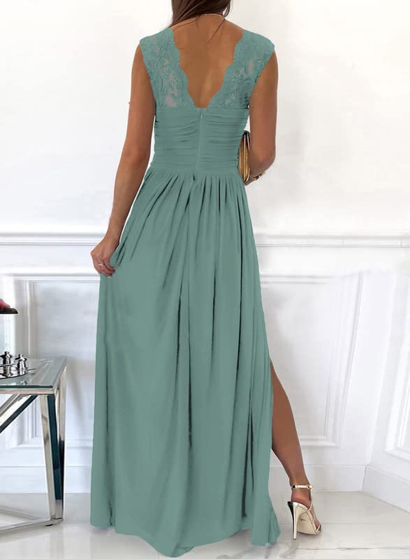 Dokotoo Womens Ladies Elegant Floor Length A Line Wrap Deep V Neck Backless Ruched Pleated Ruffled Split Long Maxi Formal Evening Party Prom Dress Bridesmaid Wedding Guest Dresses for Women Green L