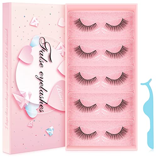 Bsisme False Eyelashes Cat-Eye Wispy Mink Eyelashes Natural Look Faux Fluffy Fake Eyelashes Cluster Long Full Extension Volume Thick Eye Lashes Soft Lightweight Reusable Lash (5 Pairs Pack)