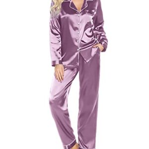 Senert Womens Silk Satin Pajamas Loungewear Two-piece Sleepwear Button-Down Pj Set Violet,X-Large