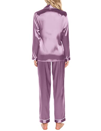 Senert Womens Silk Satin Pajamas Loungewear Two-piece Sleepwear Button-Down Pj Set Violet,X-Large