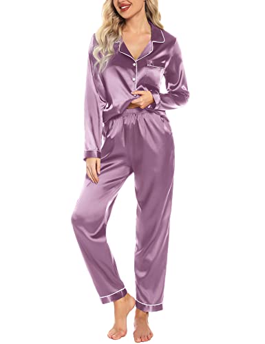 Senert Womens Silk Satin Pajamas Loungewear Two-piece Sleepwear Button-Down Pj Set Violet,X-Large