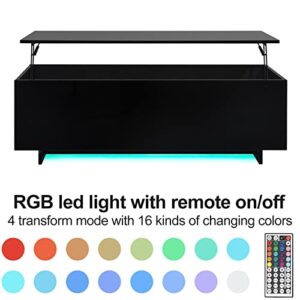 High Gloss Lift Top Table with Led Lights, Led Coffee Table with Storage Shelf and Hidden Compartment for Home Living Room Reception Room Office, Black