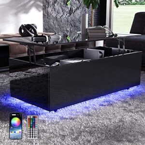 high gloss lift top table with led lights, led coffee table with storage shelf and hidden compartment for home living room reception room office, black
