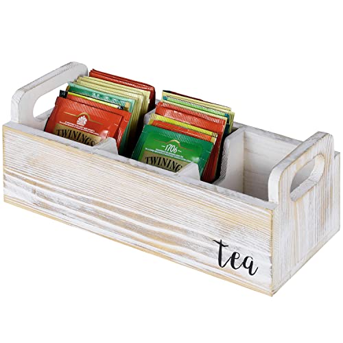 MyGift Shabby Chic Whitewashed Wood Tea Bag Storage Organizer Box, Tea Sachet Sugar Packet Holder and Server Rack Caddy with 3 Compartments and Cut Out Handles