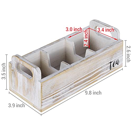 MyGift Shabby Chic Whitewashed Wood Tea Bag Storage Organizer Box, Tea Sachet Sugar Packet Holder and Server Rack Caddy with 3 Compartments and Cut Out Handles