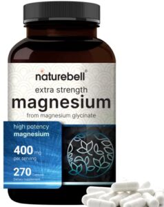 naturebell magnesium glycinate 400mg (elemental), 270 capsules – 100% chelated for max absorption | non-gmo & no gluten, bioavailable mineral supplement for muscle, joint, enzyme, & heart health