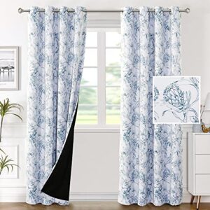 h.versailtex 100% blackout curtains for bedroom camellia floral blackout curtains 84 inches long light blocking window treatment curtains with black liner grommet thermal drapes, 2 panels, stone blue