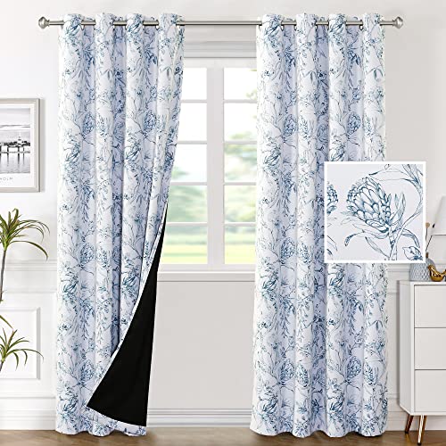 H.VERSAILTEX 100% Blackout Curtains for Bedroom Camellia Floral Blackout Curtains 84 Inches Long Light Blocking Window Treatment Curtains with Black Liner Grommet Thermal Drapes, 2 Panels, Stone Blue