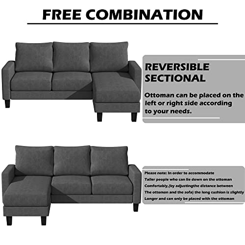 YESHOMY Convertible Sectional 3 L-Shaped Couch Soft Seat with Modern Linen Fabric, Small Space Sofas for Living Room, Apartment and Office, 70'', Charcoal