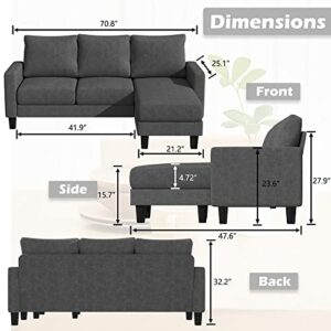 YESHOMY Convertible Sectional 3 L-Shaped Couch Soft Seat with Modern Linen Fabric, Small Space Sofas for Living Room, Apartment and Office, 70'', Charcoal