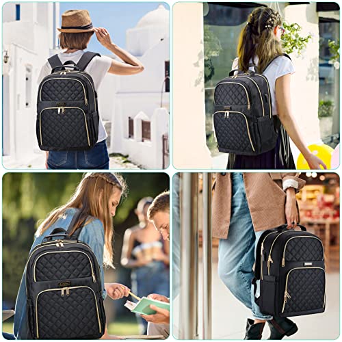 Laptop Backpack for Women, Large School Backpack for Teens, 15.6 Inch Travel Quilted Backpack Purse, Computer Bags with USB Charging Port, Large Capacity Back Pack for College Work Business, Black