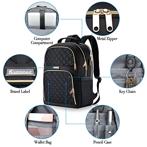 Laptop Backpack for Women, Large School Backpack for Teens, 15.6 Inch Travel Quilted Backpack Purse, Computer Bags with USB Charging Port, Large Capacity Back Pack for College Work Business, Black