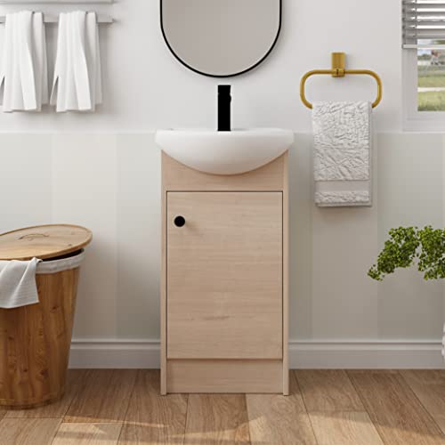 SSLine Freestanding Bathroom Vanity with Sink Modern 18-Inch Single Bathroom Vanity Set with Top Basin & Storage Cabinet Floor Stand Wood Bath Cabinet w/Ceramic Sink for Small Space -Light Oak