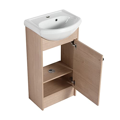 SSLine Freestanding Bathroom Vanity with Sink Modern 18-Inch Single Bathroom Vanity Set with Top Basin & Storage Cabinet Floor Stand Wood Bath Cabinet w/Ceramic Sink for Small Space -Light Oak