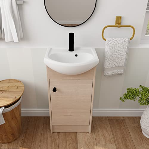 SSLine Freestanding Bathroom Vanity with Sink Modern 18-Inch Single Bathroom Vanity Set with Top Basin & Storage Cabinet Floor Stand Wood Bath Cabinet w/Ceramic Sink for Small Space -Light Oak