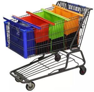 isj co trolley bags for shopping cart, set of 4 reusable bags (orange, green, blue and red)