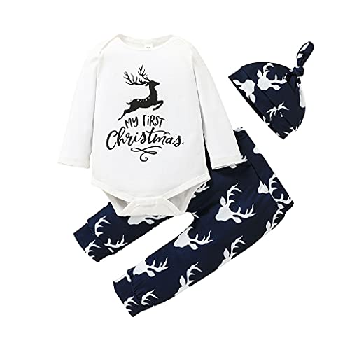 LYQTloml My Frist Christmas Baby Girl Boy Clothes Cute Newborn Baby Boys Christmas Reindeer Romper Outfit + Pants 3PCS With Hat