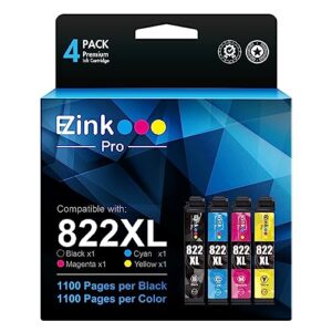 e-z ink pro 822xl remanufactured ink cartridgee replacement for epson 822 xl 822xl t822 high yield to use with epson workforce pro wf-3820 wf-4820 wf-4830 (4 pack,1 black, 1 cyan, 1 magenta, 1 yellow)