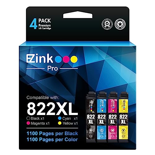 E-Z Ink Pro 822XL Remanufactured Ink Cartridgee Replacement for Epson 822 XL 822XL T822 High Yield to use with EPSON Workforce Pro WF-3820 WF-4820 WF-4830 (4 Pack,1 Black, 1 Cyan, 1 Magenta, 1 Yellow)