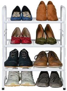 wkokos 3-tier small shoe rack, stackable narrow shoe shelf storage organizer, heavy duty metal free standing shoe rack for entryway closet doorway, white