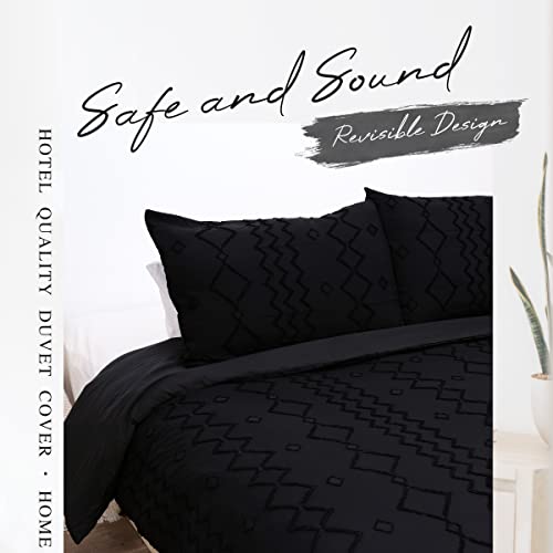 Safe and Sound Duvet Cover, Soft, Breathable 3 Pieces Bedding Set with Zipper Closure, 8 Corner Ties, 2 Pillow Shams, 1 Duvet Cover for All Seasons (Queen, 90X90 Inches, Black-No Comforter)